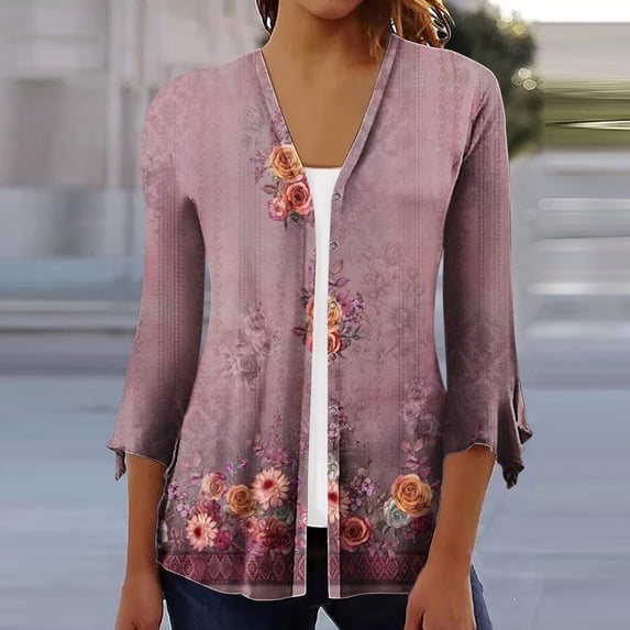 Cardigan for Women's Plus Size Summer Casual 3/4Sleeve T-Shirt Open Front Cardigan Outerwear Printing Blouse Coat Tops Party Up to 65% off