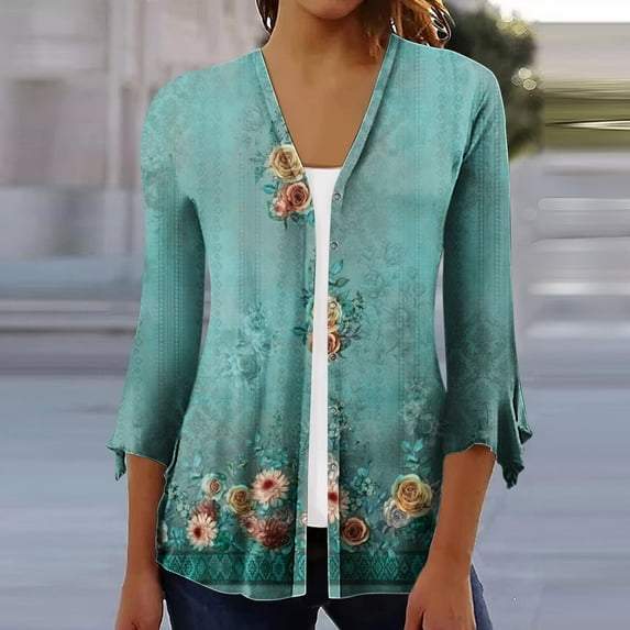 Cardigan for Women's Plus Size Summer Casual 3/4Sleeve T-Shirt Open Front Cardigan Outerwear Printing Blouse Coat Tops Party on Clearance