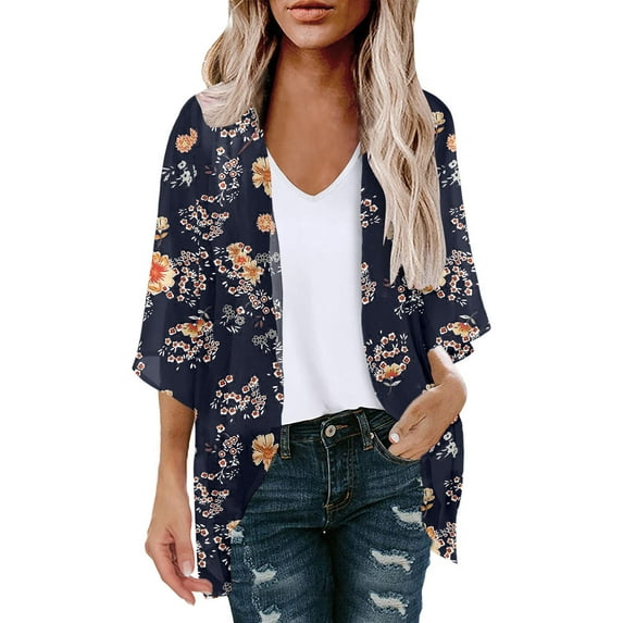 Cardigan for Women's Plus Size Summer Casual Floral Print Puff Sleeve Cardigan Loose Chiffon Cover Up Blouse Trendy Tops Party on Clearance