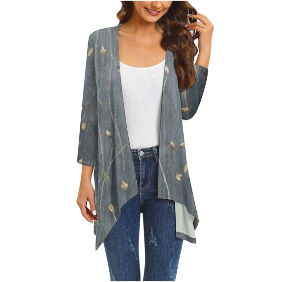 Cardigan for Women's Plus Size Summer Dressy 3/4Sleeve Fashion Comfortable Pockets Printing Cardigan Top Blouse Party Up to 65% off