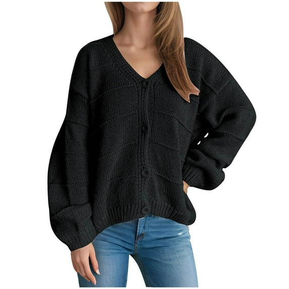 Cardigan for Women with Buttons V Neck Long Sleeve Open Front Sweaters Casual Loose Solid Color Cable Knit Top Jackets (Black S)