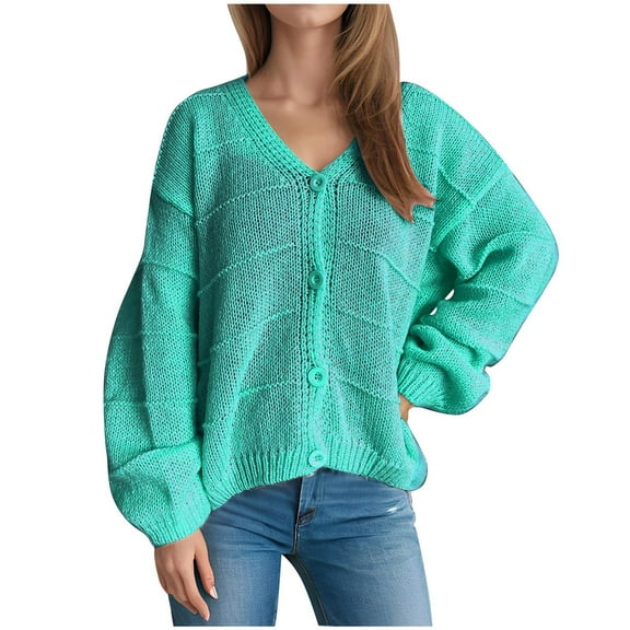 Cardigan for Women with Buttons V Neck Long Sleeve Open Front Sweaters Casual Loose Solid Color Cable Knit Top Jackets (Blue M)