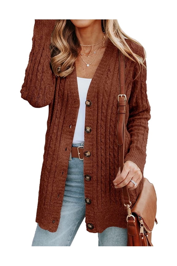 Women's Button Down Cable Knit Cardigan Sweater Long Sleeve Open Front Sweater Coat