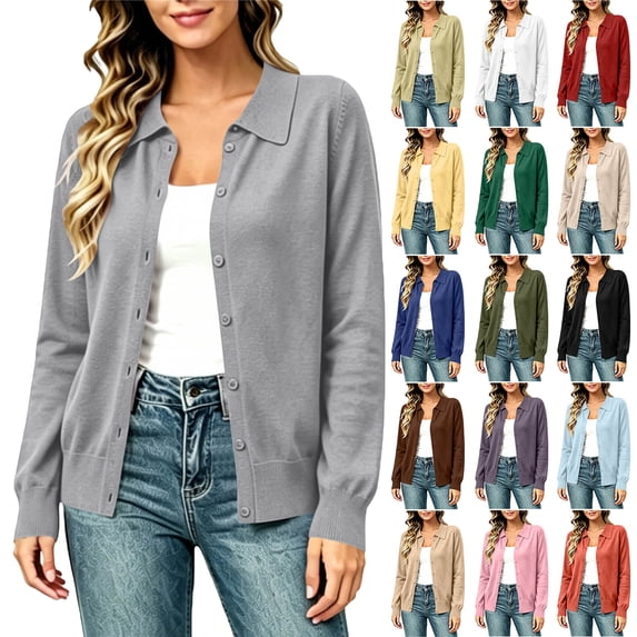 Cardigans For Women Lightweight Long Sleeves Turned-down Collar Solid-color Knitted Cardigan With Buttons Trendy Dressy Casual Crochet Shrugs