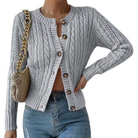 Cardigans Sweaters for Women Fall Fashion Cable Knit Sweater Crew Neck Button Down Winter Chunky Sweaters Outerwear Coats Alsol Lamesa