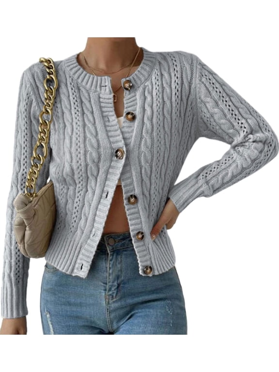 Cardigans Sweaters for Women Fall Fashion Cable Knit Sweater Crew Neck Button Down Winter Chunky Sweaters Outerwear Coats Alsol Lamesa