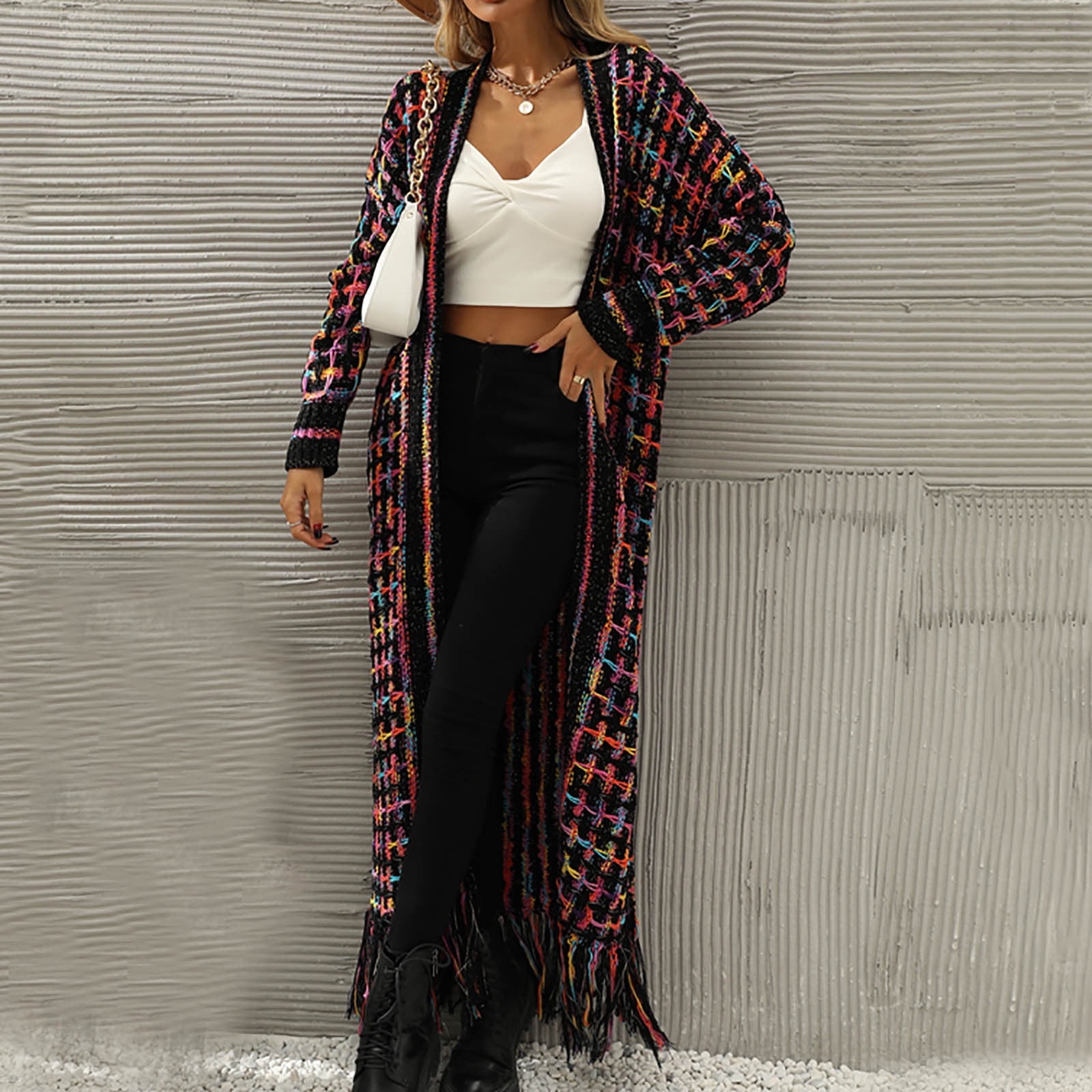 Cardigans Sweaters for Women Long Sleeve Open Front Tassels Oversized Knitted Coats Knee Length Checkered Color Block Soft Outerwear Sweater