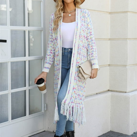 Cardigans Sweaters for Women Long Sleeve Open Front Tassels Oversized Knitted Coats Knee Length Checkered Color Block Soft Outerwear Sweater