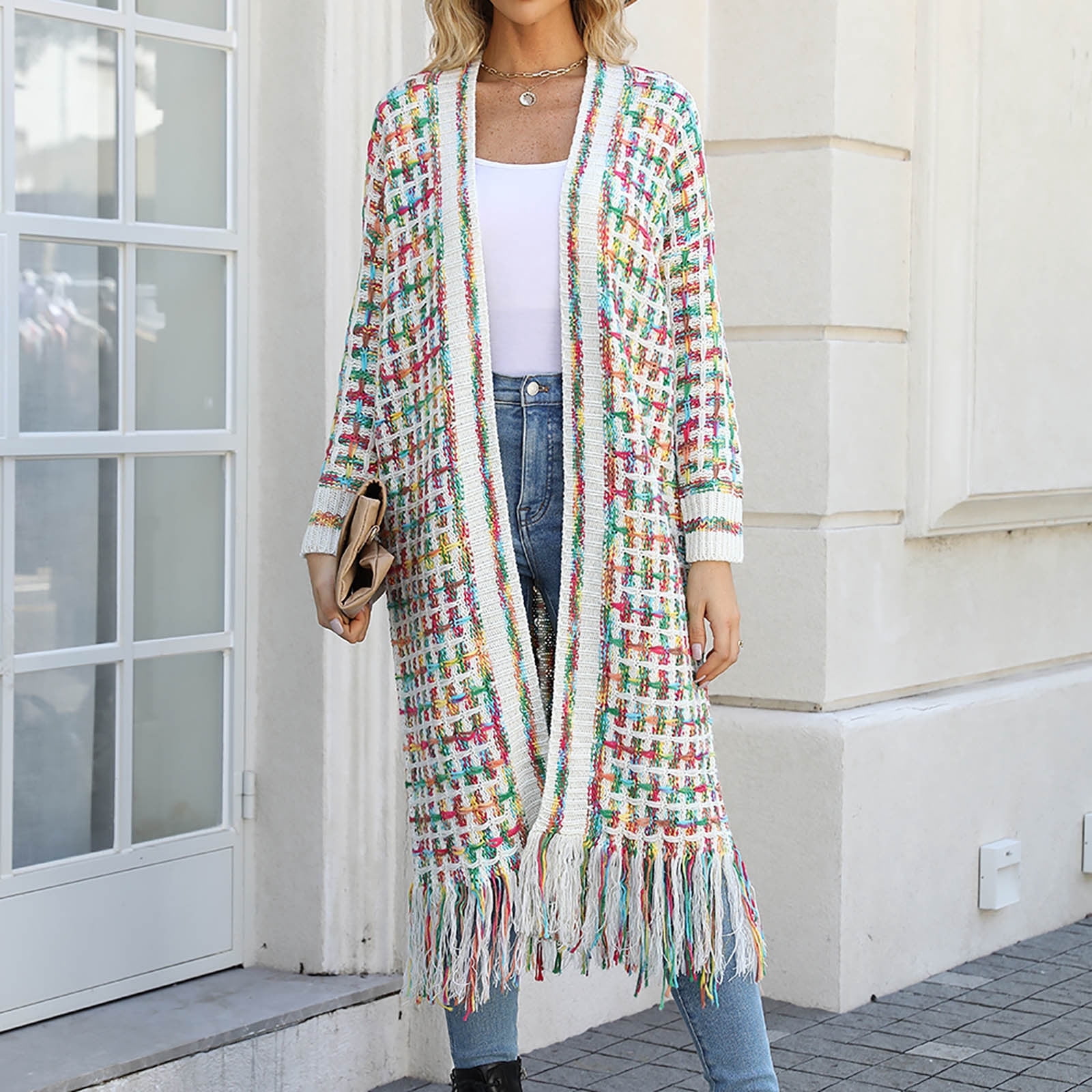Cardigans Sweaters for Women Long Sleeve Open Front Tassels Oversized Knitted Coats Knee Length Checkered Color Block Soft Outerwear Sweater