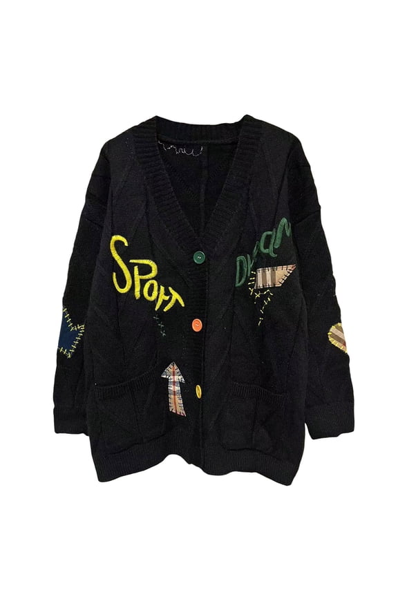 Cardigans Sweaters for Women Trendy Letter Printed Design V Neck Relaxed Loose Fall Shrug,Black,One Size