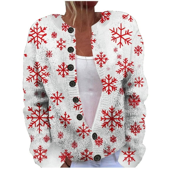 Cardigans for Women 2025 Trendy Snowflake Printed Casual Cardigan Jacket Button Down Crew Neck Long Sleeve Loose Fit Fall Winter Womens Sweaters YA White XL