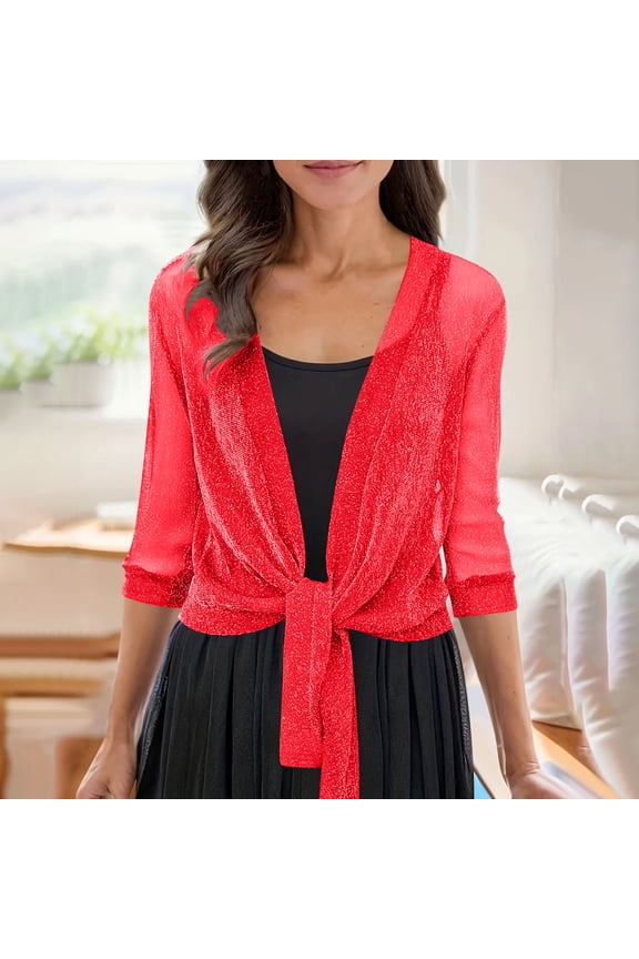Cardigans for Women 3/4 Sleeve Open Front Cardigan Casual Lace Tops Loose Beach Swimsuit Coverup Casual Duster Lightweight Cardigans Beach Vacation Wear Red L