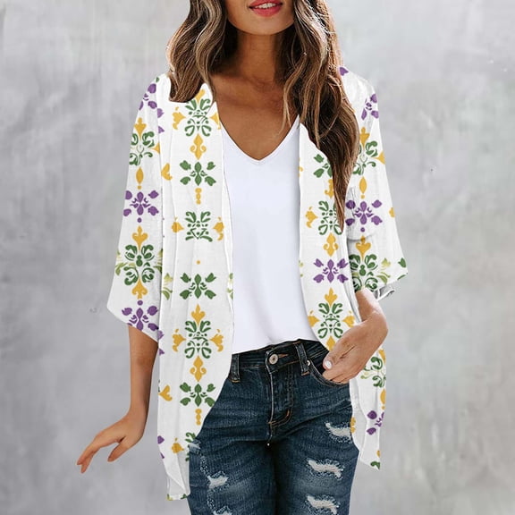 Cardigans for Women,Chiffon Summer Kimono Cardigan 3/4 Sleeve Open Front Beach Kimono Hawaiian Floral Printed Lightweight Casual Beach Cover Up Plus Size White L