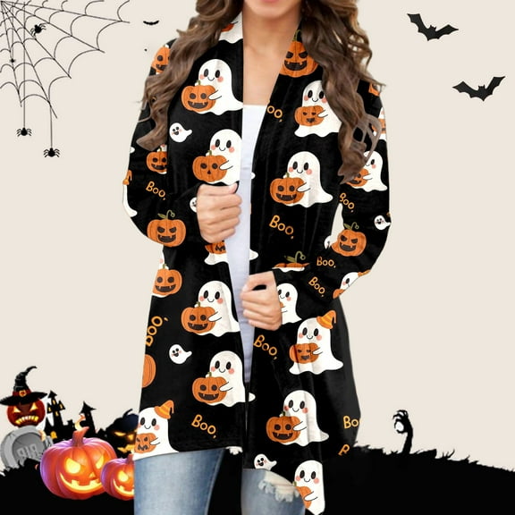 Cardigans for Women Halloween Printed Open Front Loose Fit Long Sleeve Knit Sweater Outerwear Cozy Fall Crew Neck Casual Comfortable Womens Sweaters Black L