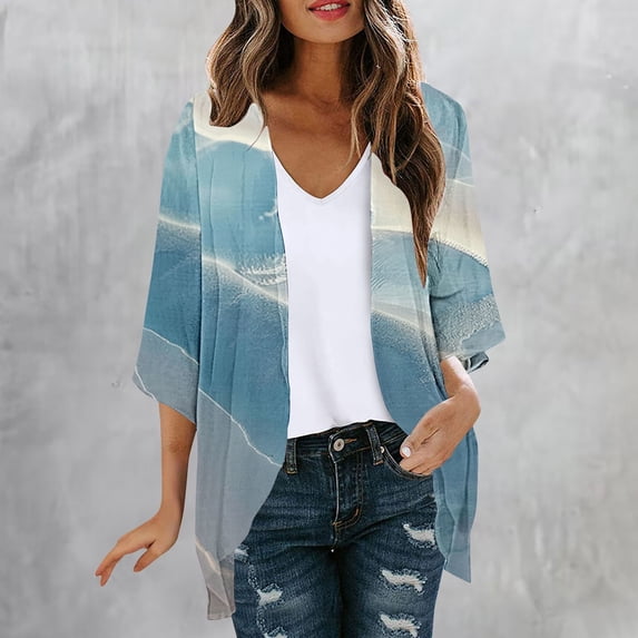 Cardigans for Women Kimono Cardigan Beach Cover ups Swimwear Floral Printed Lightweight Open Front Chiffon Kimonos Cardigan Puff Sleeve Loose Casual Summer Tops Blue 01 XXL