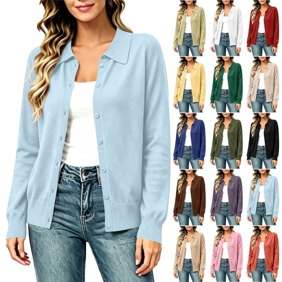 Cardigans For Women Lightweight Knitted Casual Turn Down Collared Hoodless Button Solid Color Cardigan Long Sleeve Outwear Crochet Textured Shrugs Top