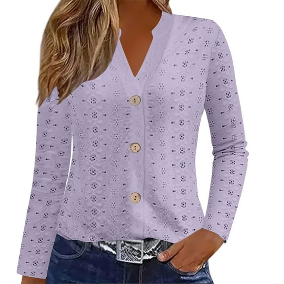 Cardigans for Women Long Sleeve Open Front Cardigan V Neck Solid Color Long Sleeve Tops Short Shrugs Elegant Evening Cocktail Boleros Sweater Cotton Lightweight Eyelet Blouses Purple M