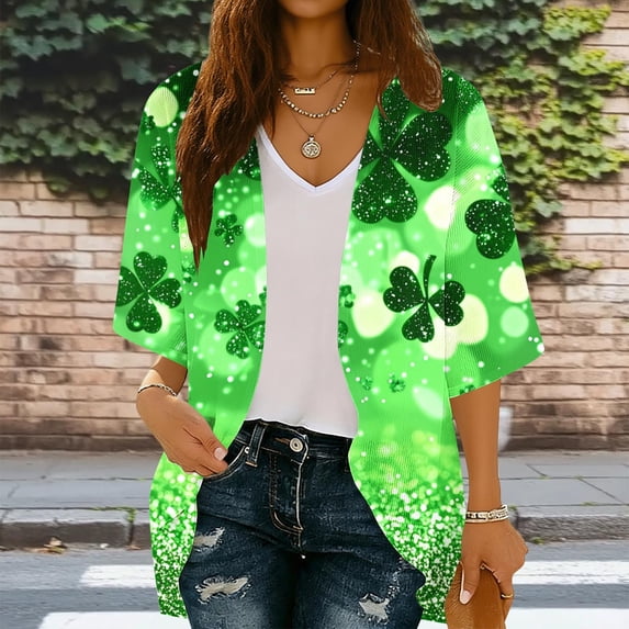 Cardigans for Women St. Patrick's Day,Chiffon Summer Kimono Cardigan 3/4 Sleeve Open Front Beach Kimono Hawaiian Floral Printed Lightweight Casual Beach Cover Up Plus Size Green S