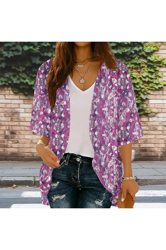 Cardigans for Women St. Patrick's Day,Chiffon Summer Kimono Cardigan 3/4 Sleeve Open Front Beach Kimono Hawaiian Floral Printed Lightweight Casual Beach Cover Up Plus Size Purple S
