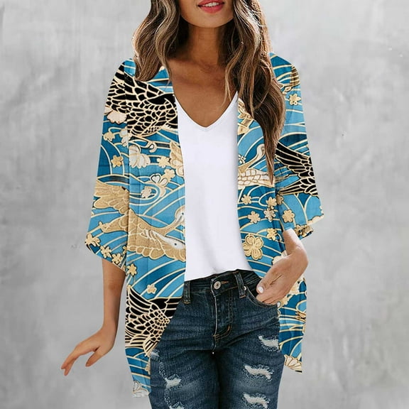 Cardigans for Women Summer Tops Saving Sale!Vintage Floral Printed Long Cardigan Casual 3/4 Sleeve Blouses Stylish Outwear Beach Vacation Fall Clothes