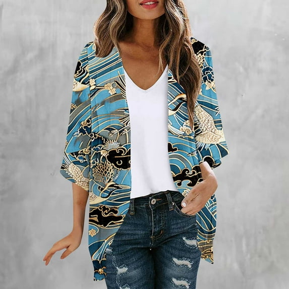 Cardigans for Women Summer Tops Saving Sale!Vintage Floral Printed Long Cardigan Casual 3/4 Sleeve Blouses Stylish Outwear Beach Vacation Fall Clothes