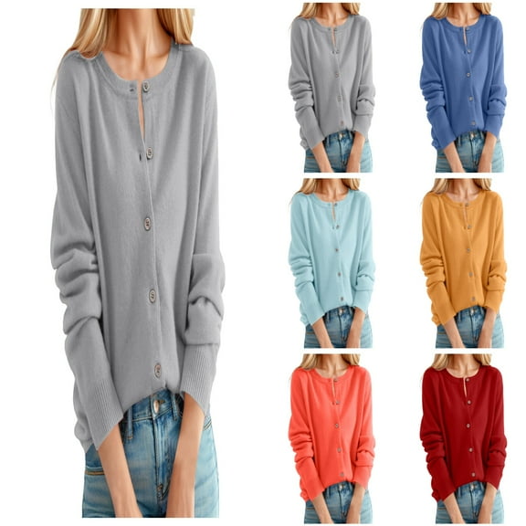 Cardigans for Women Trendy Caual Classic Crew Neck Buttons Solid Front Open Coat Long Sleeve Fall Winter Loose Womens Cardigan Sweaters Light Gray XXL