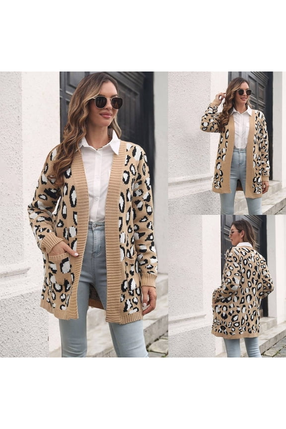 Cardigans for Women Trendy Knit Long Sleeve Open Front Leopard Print Sweater with Oversized Pocket Crew Neck Fall Winter Fashion Casual Comfy Beige L