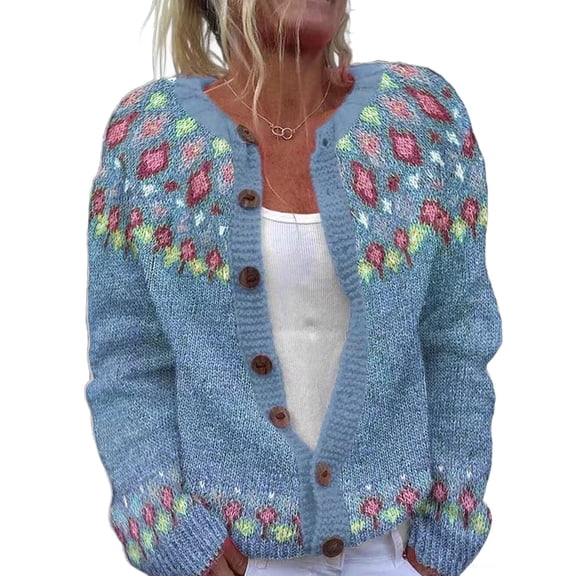 Cardigans Women Trendy Ethnic Style Jacquard Button Up Long Sleee Knitted Lightweight Outwear Coats