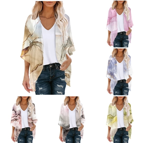 Cardigans for Women Trendy Lightweight Floral Printed 3/4 Puff Sleeve Chiffon Boho Tops Loose Cover Up Casual Comfortable Breathable Summer Womens Blouses Coffee M