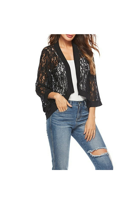 Cardigans Women Trendy Quarter Crochet Sheer Up Lace Casual Three Sleeve Jacket Cover Outerwear Coats