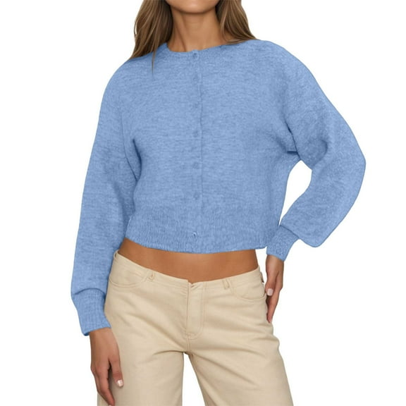 Cardigans Women Trendy Solid Basic Casual Long Sleeve Knitted Crewneck Button Up Outfits Clothes