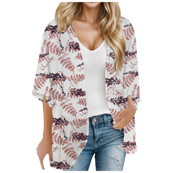 Cardigans Women Trendy Summer Floral Printed Puff Sleeve Chiffon Kimono Loose Cover Up Casual Blouse Tops Women's Cardigans
