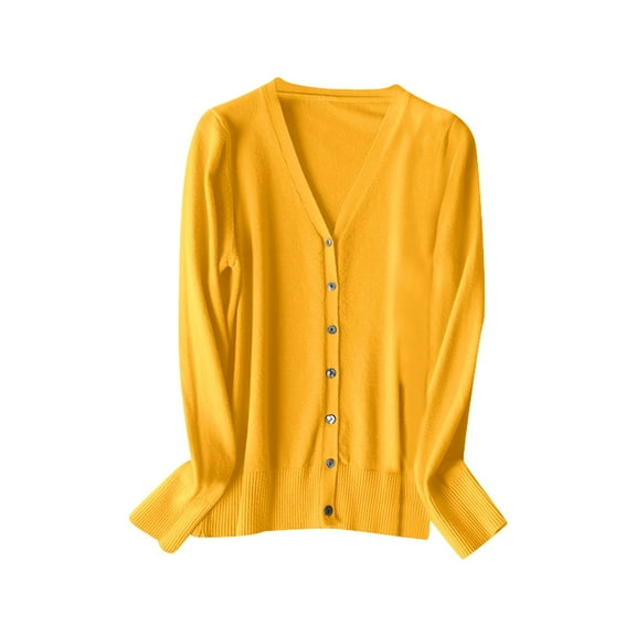 Cardigans for Women Trendy Women's V Neck Knitted Cardigan Sweater Long Sleeve Spring Autumn Fashion Lightweight Layering Top Cardigan Sweaters for Women Lightweight Yellow L