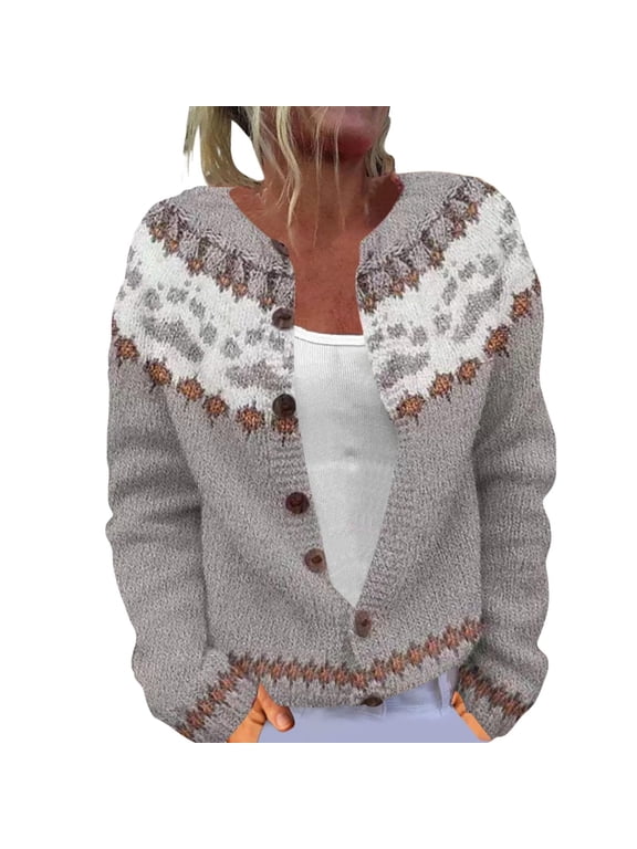 Cardigans for Women Winter Ethnic Vintage Argyle Button down Knit Outwear Colorful Boho Icelandic Long Sleeve Loose Winter Warm Jumpers Coat,XXXXL,Light Gray