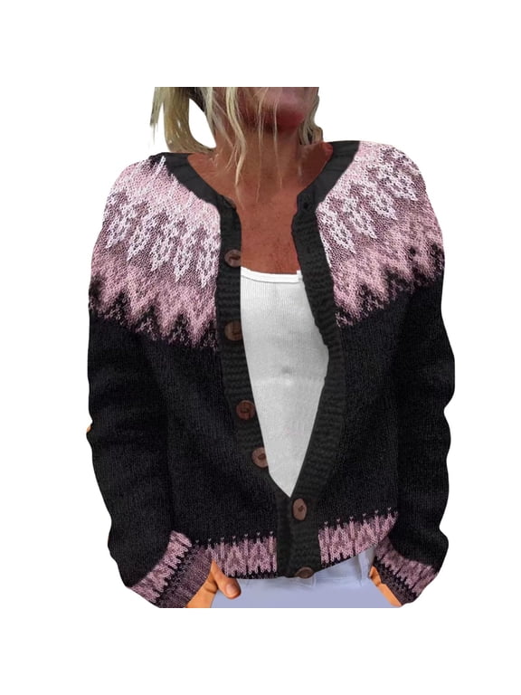 Cardigans for Women Winter Ethnic Vintage Argyle Button down Knit Outwear Colorful Boho Icelandic Long Sleeve Loose Winter Warm Jumpers Coat,XL,Pink2