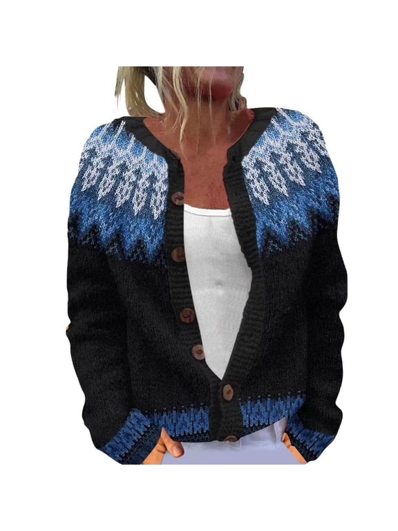 Cardigans for Women Winter Ethnic Vintage Argyle Button down Knit Outwear Colorful Boho Icelandic Long Sleeve Loose Winter Warm Jumpers Coat,XXXL,Blue2