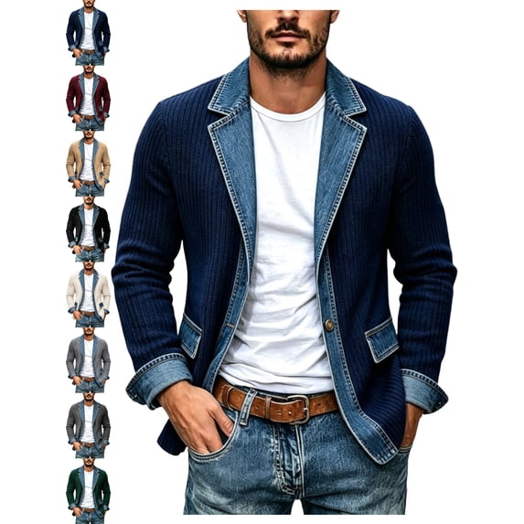 Cardigans for Men Casual Denim Splice Button Front Lapel Long Sleeve Outdoor Jacket