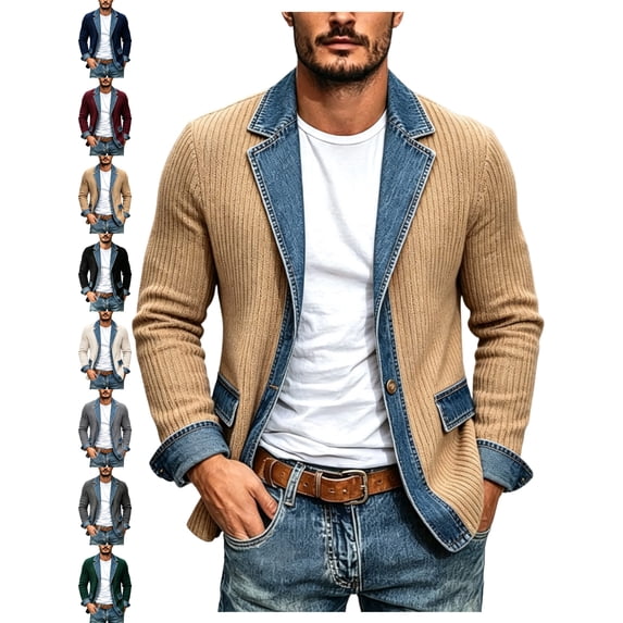 Cardigans for Men Casual Denim Splice Button Front Lapel Long Sleeve Outdoor Jacket