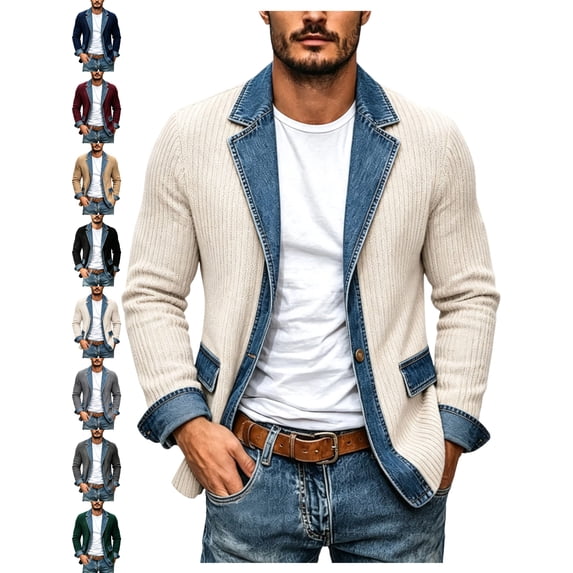 Cardigans for Men Casual Denim Splice Button Front Lapel Long Sleeve Weekend Wear Jacket