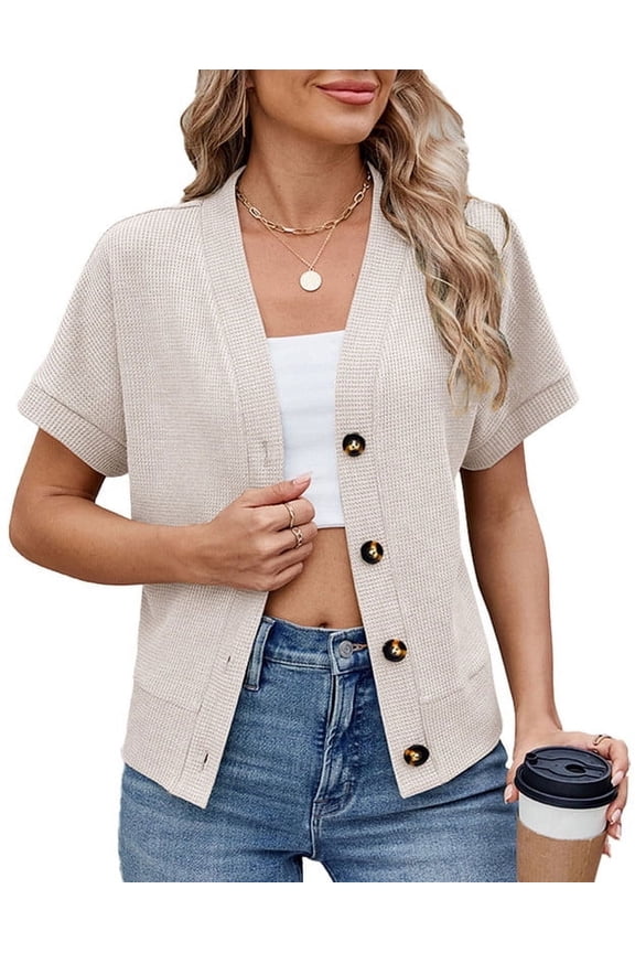 Cardigans for Women 2026 Elegant Wallfe Pattern Lightweight Cardigans Spring Summer Short Sleeves Button Down Tops Shermie