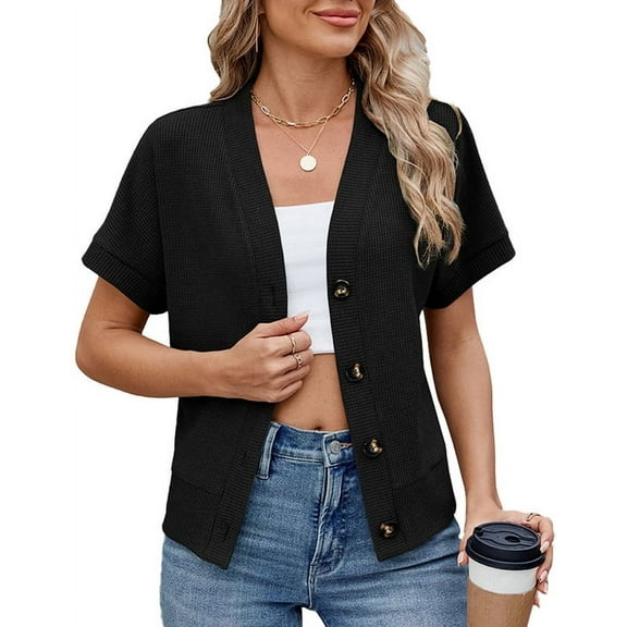 Cardigans for Women 2025 Elegant Wallfe Pattern Lightweight Cardigans Spring Summer Short Sleeves Button Down Tops Shermie