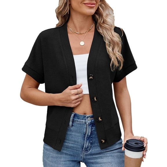 Cardigans for Women 2026 Elegant Wallfe Pattern Lightweight Cardigans Spring Summer Short Sleeves Button Down Tops Shermie