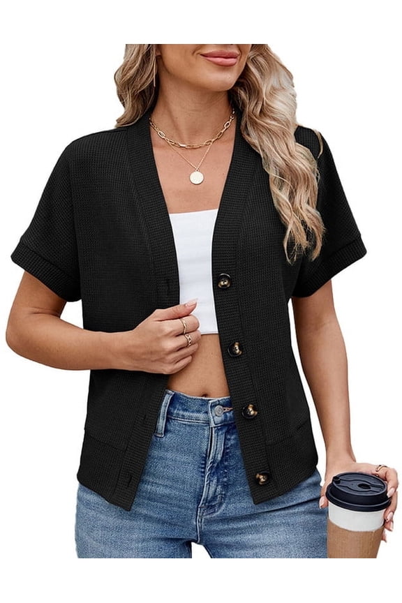 Cardigans for Women 2026 Elegant Wallfe Pattern Lightweight Cardigans Spring Summer Short Sleeves Button Down Tops Shermie