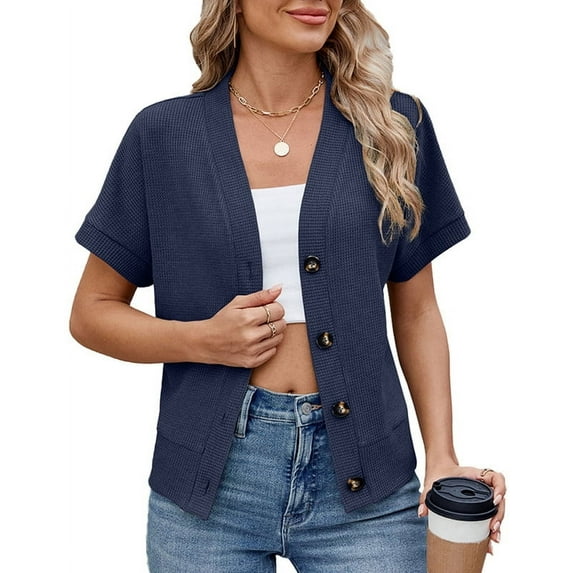 Cardigans for Women 2025 Elegant Wallfe Pattern Lightweight Cardigans Spring Summer Short Sleeves Button Down Tops Shermie