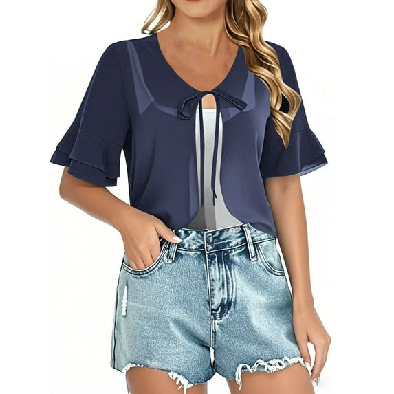 Cardigans for Women 2025 New Summer Top with Front Lace-Up Ruffle Sleeve Short Lightweight Chiffon Shawl Tops Short Sleeve Fashion Outwears