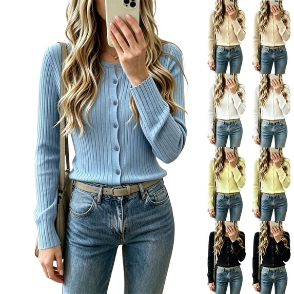 Cardigans for Women Button Down Ribbed Knit Long Sleeve Slim Fit Lightweight Cozy Fall Winter Sweater Tops