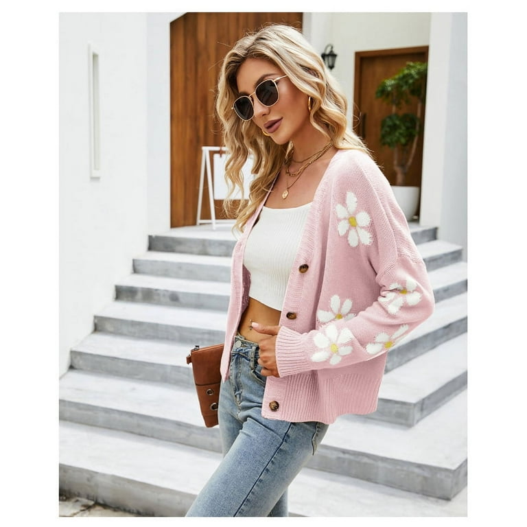 Cardigans for Women Button Up Open Front Cadigan Sweaters Floral Print Cute  Short Knitted Cardigan