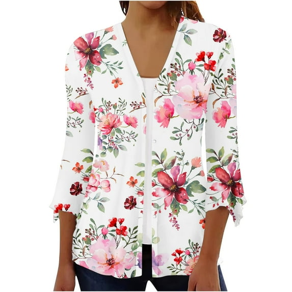 Cardigans for Women Casual Lightweight 3/4 Sleeve Open Front Cardigan Sweaters Floral Printed Button Cardigan Jacket Top on Clearance