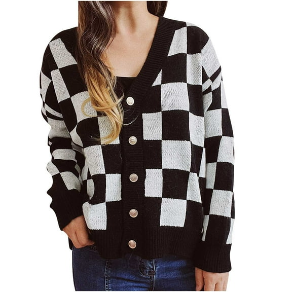 Cardigans for Women Checkered Knitted Sweater Casual Solid Long SLeeve Jacket Coats