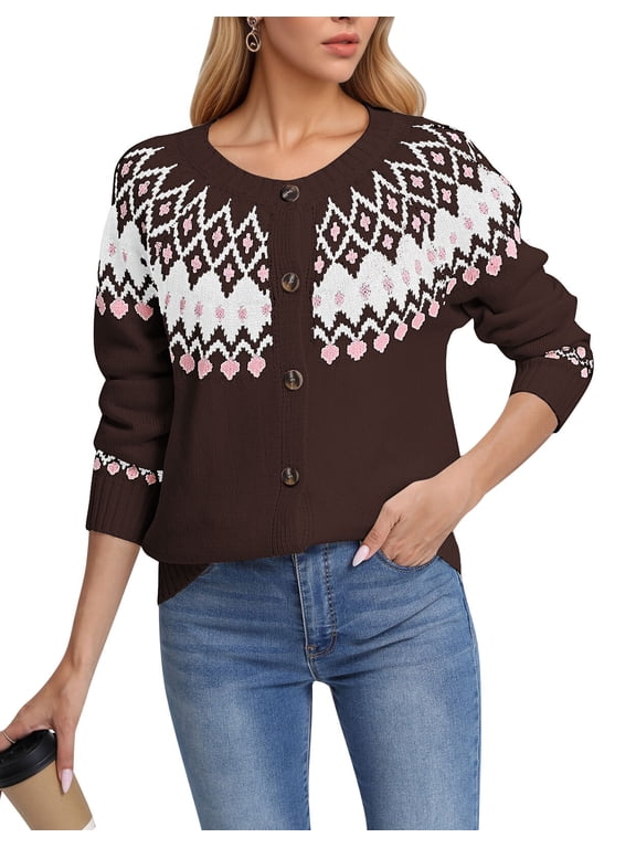 Cardigans for Women Fair Isle Sweaters Button Down Long Sleeve Open Front Fall Sweaters Knit Cardigans S-XL Alsol Lamesa